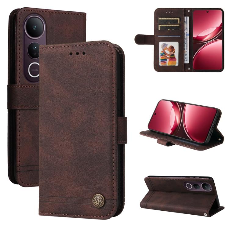 Custodia in pelle con bottone metallo e albero della vita per vivo V50 Lite
