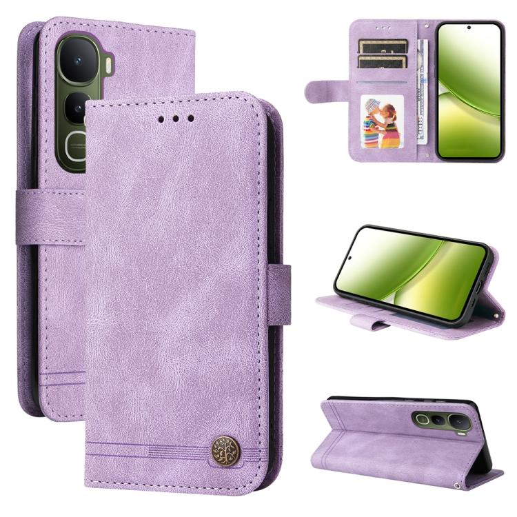 Custodia in pelle con bottone metallo e albero della vita per vivo V50 Lite