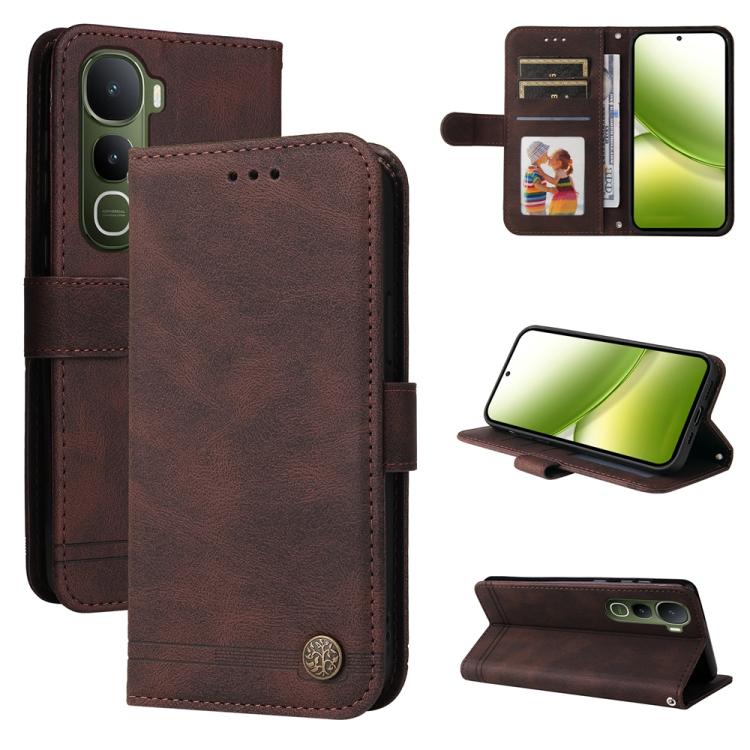 Custodia in pelle con bottone metallo e albero della vita per vivo V50 Lite