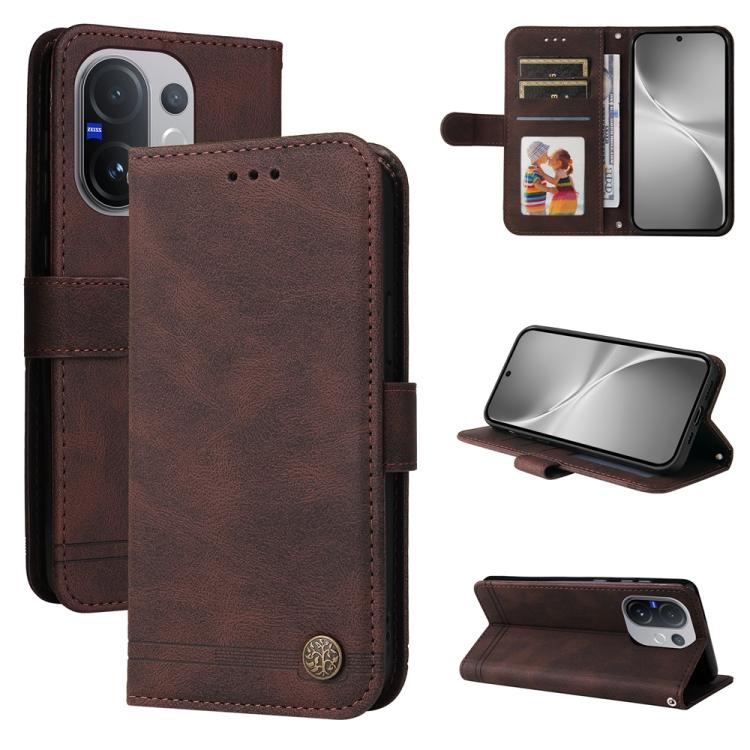 Custodia in pelle con bottone metallo e albero della vita per vivo V50 Lite
