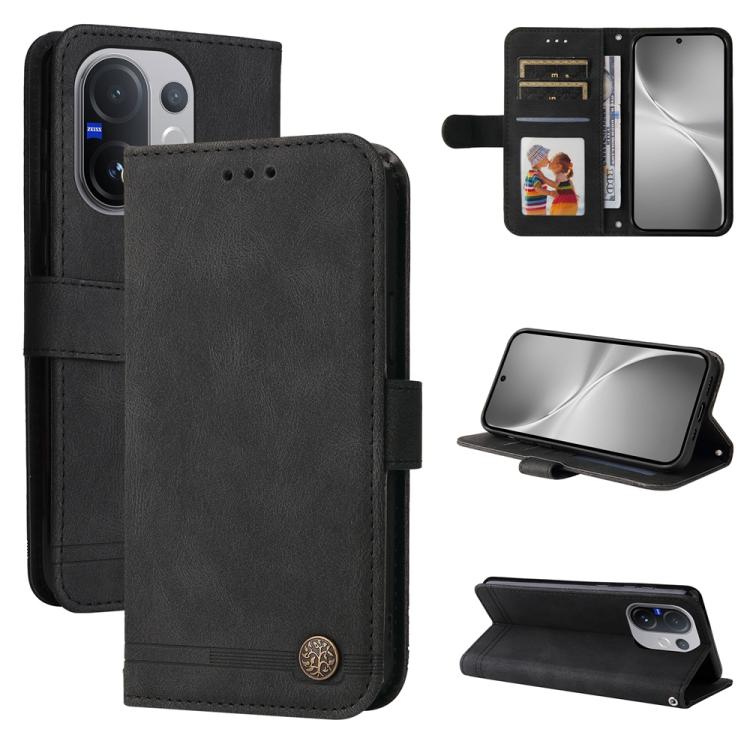 Custodia in pelle con bottone metallo e albero della vita per vivo V50 Lite