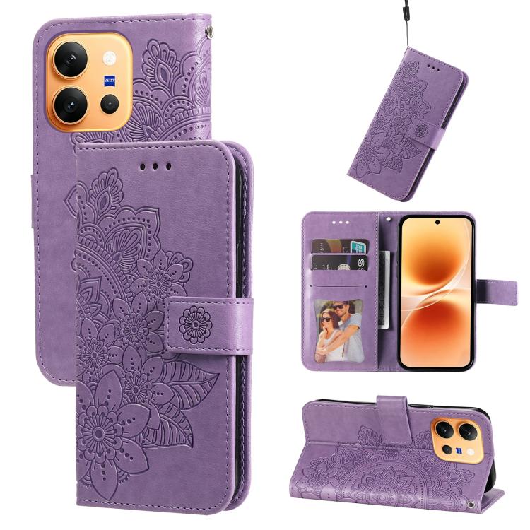 Custodia in pelle goffrata con fiori a 7 petali per vivo Y600 Pro 5G, Y21 5G