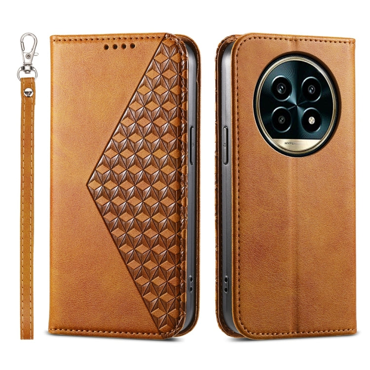 Custodia per telefono in pelle magnetica con struttura in vitello a griglia cubica, For Realme 13 Pro / 13 Pro+ Global, For Realme GT 6 Global, For Realme 12 5G, For Realme 12+