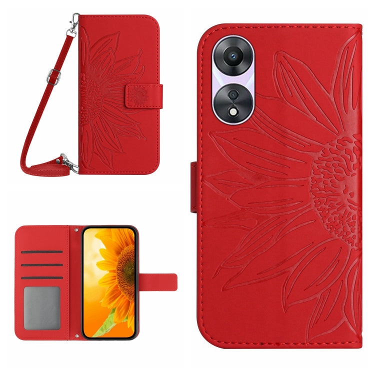 Skin Feel Custodia per telefono in pelle con flip in rilievo Sun Flower con cordino, For OPPO A58 4G, For OPPO Reno10 Global / Reno10 Pro Global
