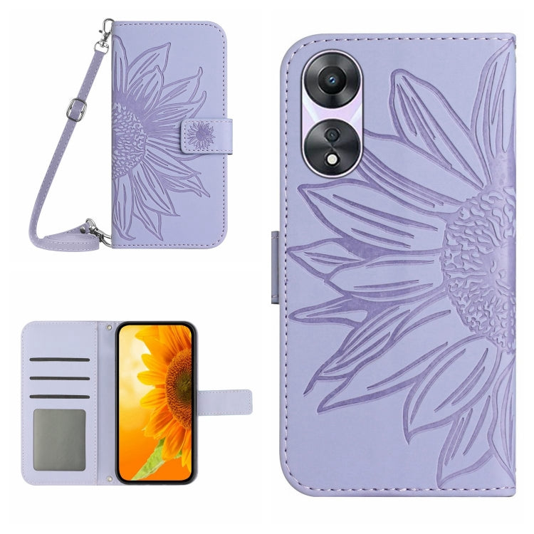 Skin Feel Custodia per telefono in pelle con flip in rilievo Sun Flower con cordino, For OPPO A58 4G, For OPPO Reno10 Global / Reno10 Pro Global