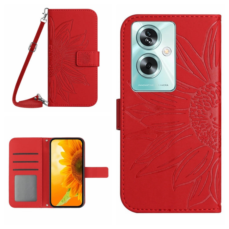 Skin Feel Custodia per telefono in pelle con flip in rilievo Sun Flower con cordino, For OPPO A59 5G