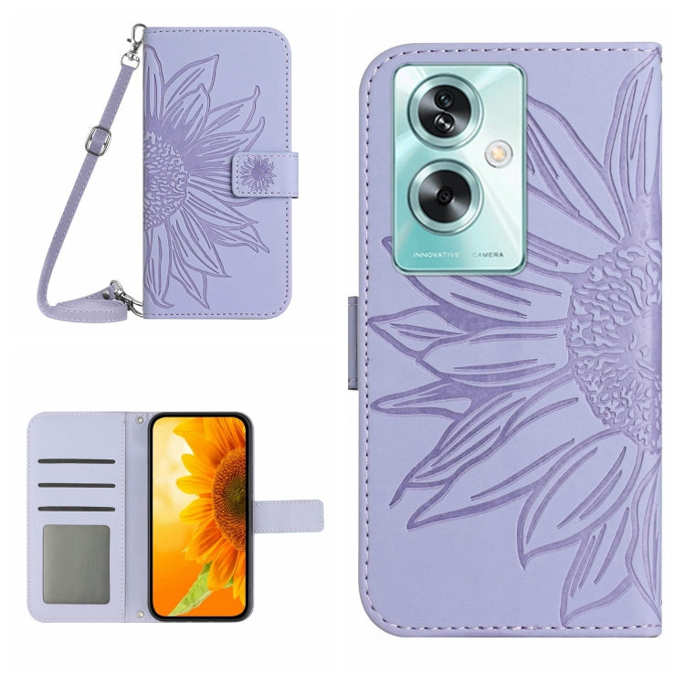 Skin Feel Custodia per telefono in pelle con flip in rilievo Sun Flower con cordino, For OPPO A59 5G