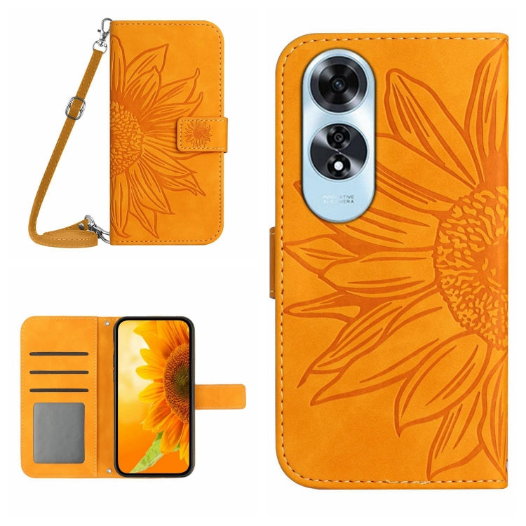 Skin Feel Custodia per telefono in pelle con flip in rilievo Sun Flower con cordino, For OPPO Reno12 5G Global, For OPPO A60 4G