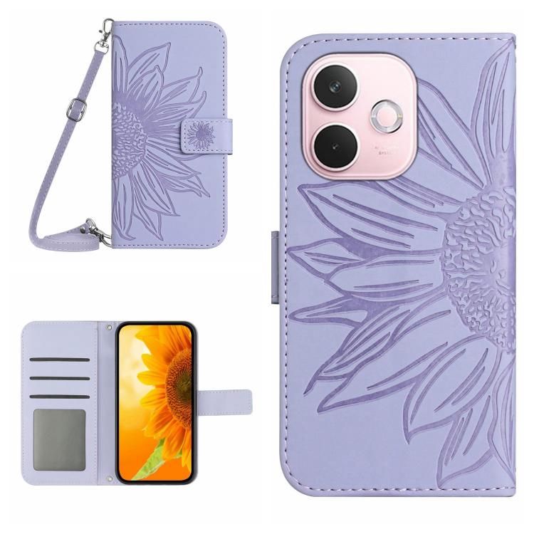 Skin Feel Custodia per telefono in pelle con flip in rilievo Sun Flower con cordino, For OPPO A5 Pro 5G Global, For OPPO Reno13 Pro Global