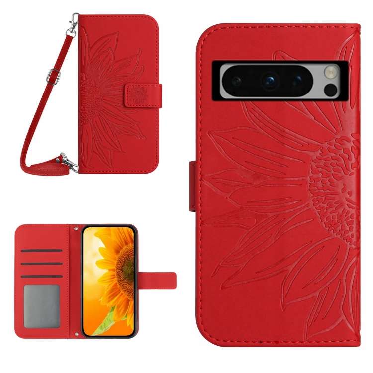 Skin Feel Custodia per telefono in pelle con flip in rilievo Sun Flower con cordino, For Google Pixel 8 Pro, For Google Pixel 8