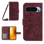 Skin Feel Custodia per telefono in pelle con flip in rilievo Sun Flower con cordino, For Google Pixel 9 Pro XL, For Google Pixel 9 Pro