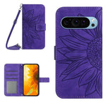 Skin Feel Custodia per telefono in pelle con flip in rilievo Sun Flower con cordino, For Google Pixel 9 Pro XL, For Google Pixel 9 Pro