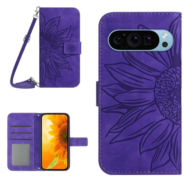 Skin Feel Custodia per telefono in pelle con flip in rilievo Sun Flower con cordino, For Google Pixel 9 Pro XL, For Google Pixel 9 Pro