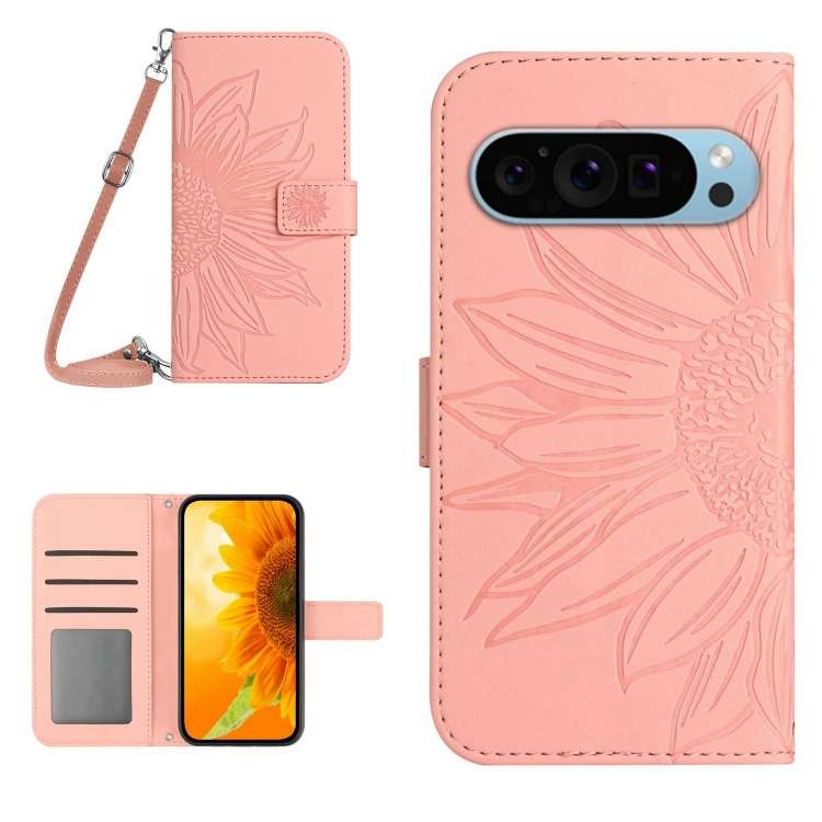 Skin Feel Custodia per telefono in pelle con flip in rilievo Sun Flower con cordino, For Google Pixel 9 Pro XL, For Google Pixel 9 Pro