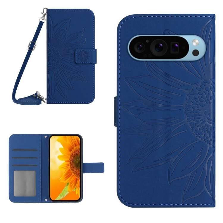 Skin Feel Custodia per telefono in pelle con flip in rilievo Sun Flower con cordino, For Google Pixel 9 Pro XL, For Google Pixel 9 Pro