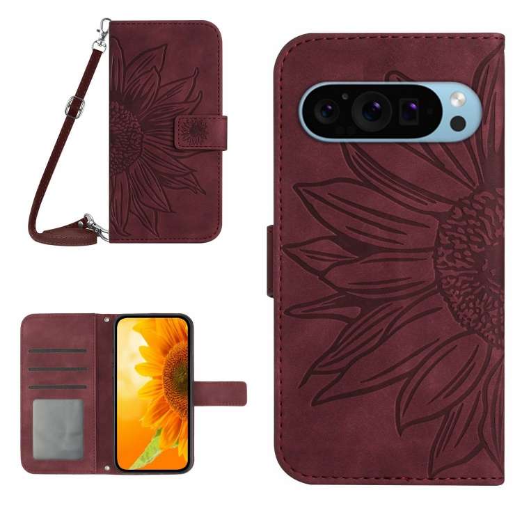 Skin Feel Custodia per telefono in pelle con flip in rilievo Sun Flower con cordino, For Google Pixel 9 Pro XL, For Google Pixel 9 Pro