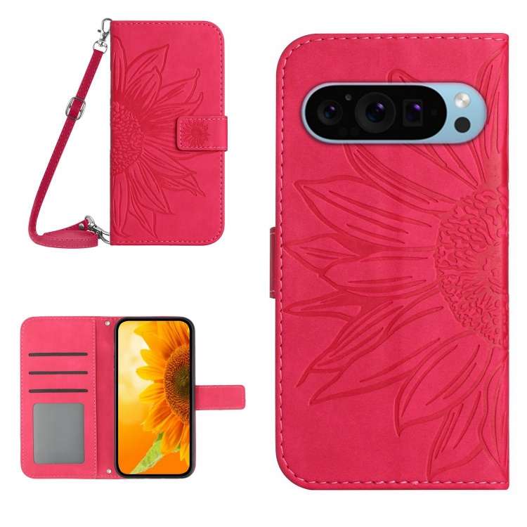 Skin Feel Custodia per telefono in pelle con flip in rilievo Sun Flower con cordino, For Google Pixel 9 Pro XL, For Google Pixel 9 Pro