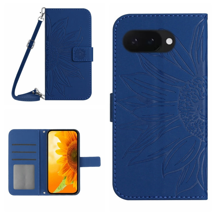 Skin Feel Custodia per telefono in pelle con flip in rilievo Sun Flower con cordino, For Google Pixel 10a, For Google Pixel 9a