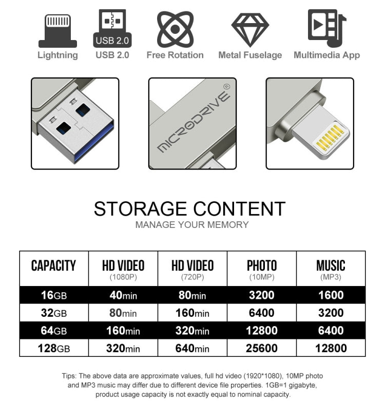 MicroDrive Disco Flash USB 2.0 + Lightning 8-512GB