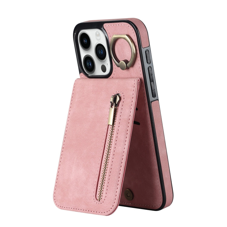Custodia per telefono con slot per scheda RFID con anello retrò e cerniera, For iPhone 15 Pro Max, For iPhone 15 Pro, For iPhone 15 Plus