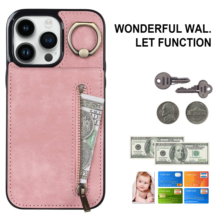 Custodia per telefono con slot per scheda RFID con anello retrò e cerniera, For iPhone 15 Pro Max, For iPhone 15 Pro, For iPhone 15 Plus