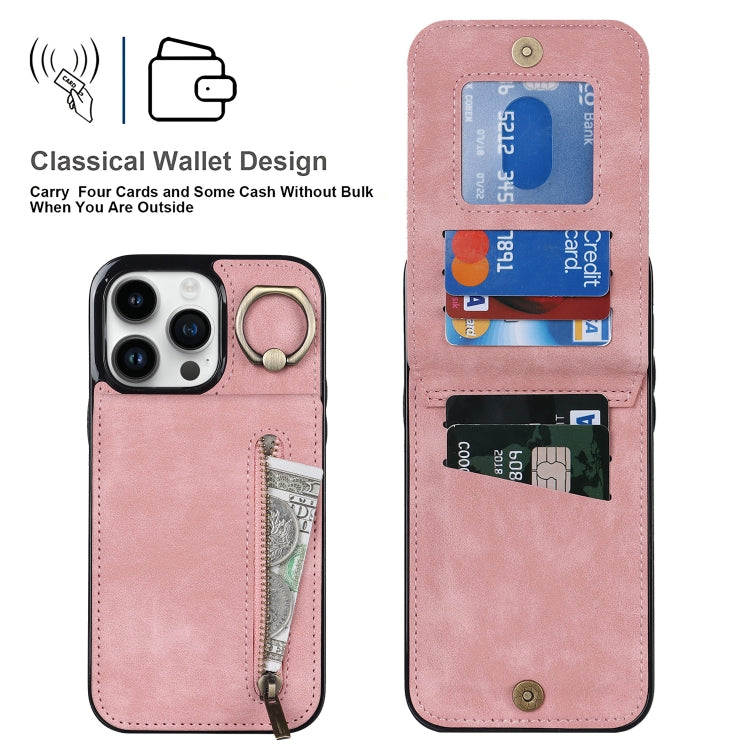 Custodia per telefono con slot per scheda RFID con anello retrò e cerniera, For iPhone 15 Pro Max, For iPhone 15 Pro, For iPhone 15 Plus