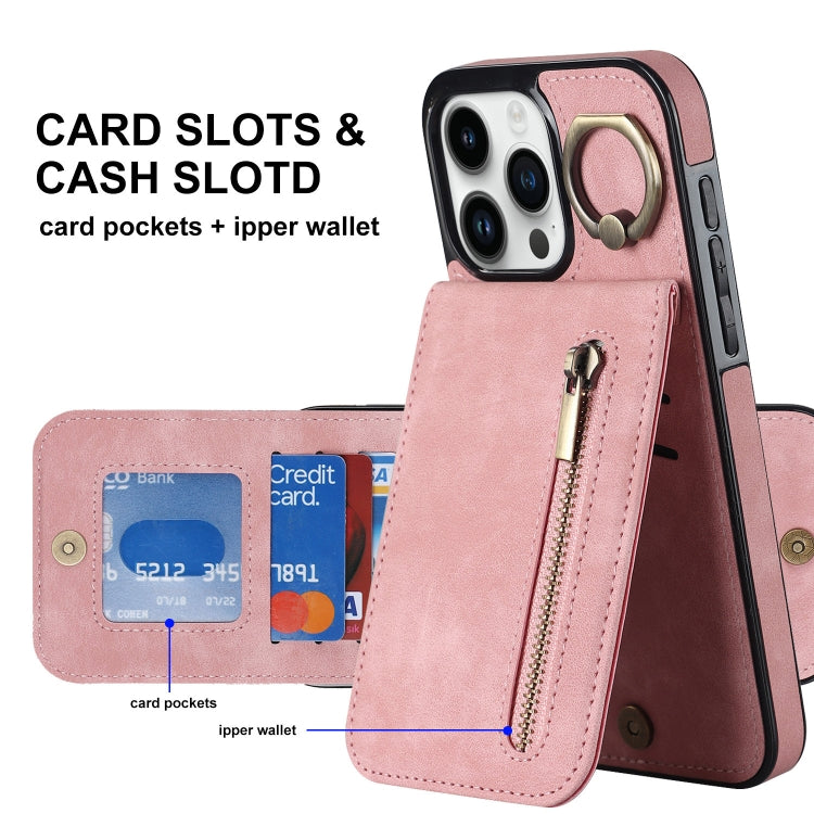 Custodia per telefono con slot per scheda RFID con anello retrò e cerniera, For iPhone 15 Pro Max, For iPhone 15 Pro, For iPhone 15 Plus