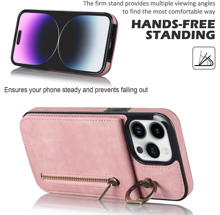 Custodia per telefono con slot per scheda RFID con anello retrò e cerniera, For iPhone 15 Pro Max, For iPhone 15 Pro, For iPhone 15 Plus
