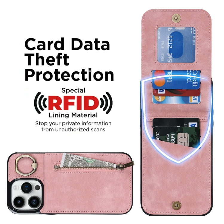 Custodia per telefono con slot per scheda RFID con anello retrò e cerniera, For iPhone 15 Pro Max, For iPhone 15 Pro, For iPhone 15 Plus