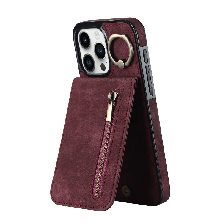 Custodia per telefono con slot per scheda RFID con anello retrò e cerniera, For iPhone 15 Pro Max, For iPhone 15 Pro, For iPhone 15 Plus