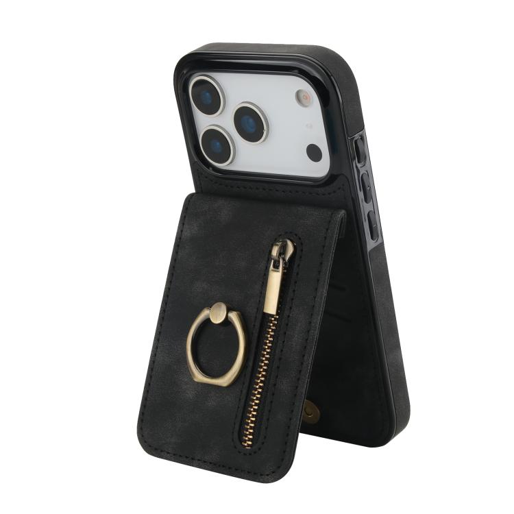 Custodia per telefono con slot per scheda RFID con anello retrò e cerniera, For iPhone 17e / 16e, For iPhone 17 Pro Max, For iPhone 17 Pro