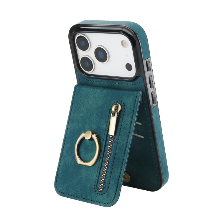 Custodia per telefono con slot per scheda RFID con anello retrò e cerniera, For iPhone 17e / 16e, For iPhone 17 Pro Max, For iPhone 17 Pro