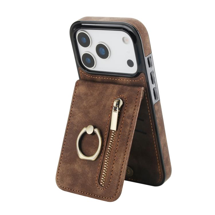 Custodia per telefono con slot per scheda RFID con anello retrò e cerniera, For iPhone 17e / 16e, For iPhone 17 Pro Max, For iPhone 17 Pro
