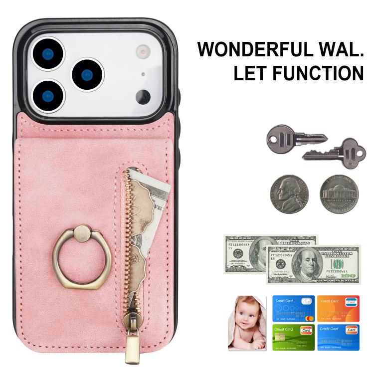 Custodia per telefono con slot per scheda RFID con anello retrò e cerniera, For iPhone 17e / 16e, For iPhone 17 Pro Max, For iPhone 17 Pro
