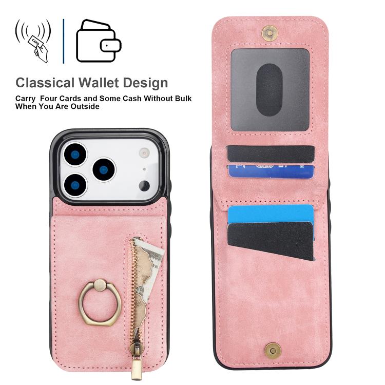 Custodia per telefono con slot per scheda RFID con anello retrò e cerniera, For iPhone 17e / 16e, For iPhone 17 Pro Max, For iPhone 17 Pro