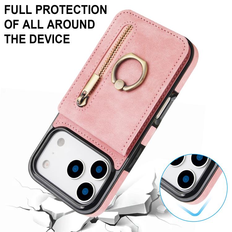 Custodia per telefono con slot per scheda RFID con anello retrò e cerniera, For iPhone 17e / 16e, For iPhone 17 Pro Max, For iPhone 17 Pro