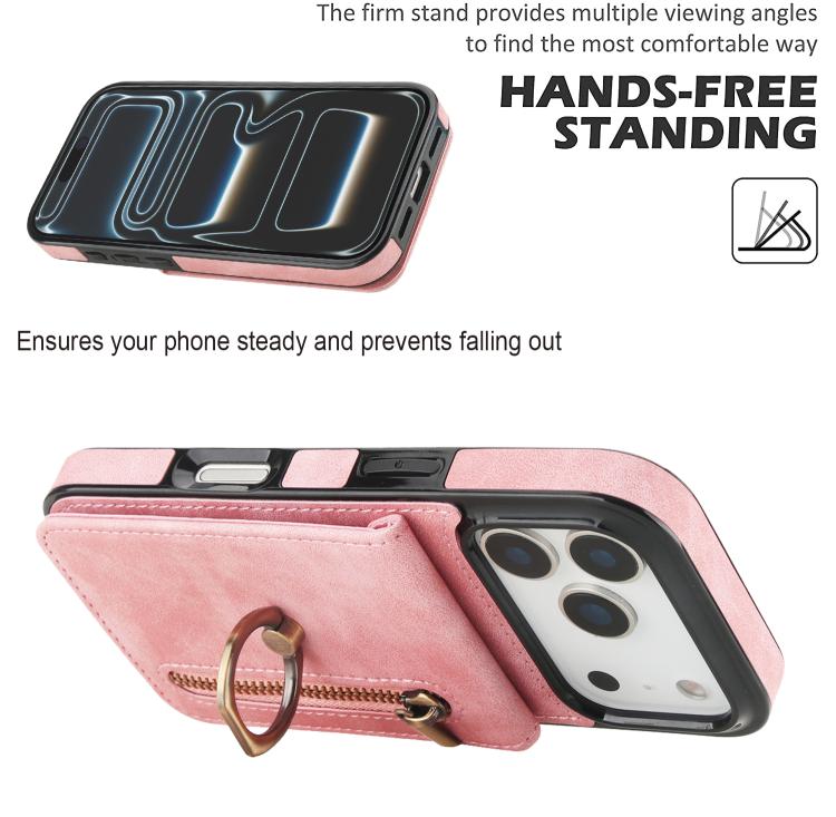 Custodia per telefono con slot per scheda RFID con anello retrò e cerniera, For iPhone 17e / 16e, For iPhone 17 Pro Max, For iPhone 17 Pro