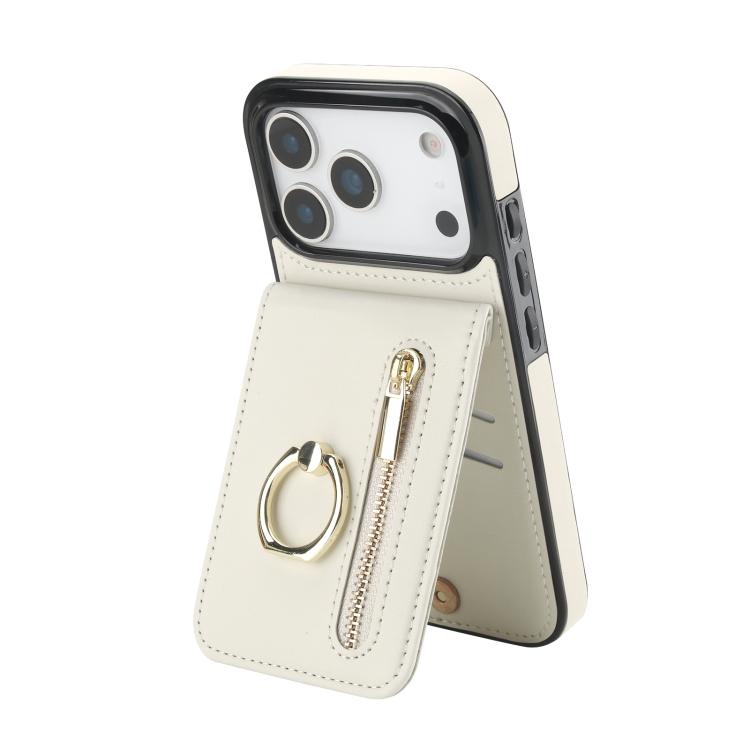 Custodia per telefono con slot per scheda RFID con anello retrò e cerniera, For iPhone 17e / 16e, For iPhone 17 Pro Max, For iPhone 17 Pro