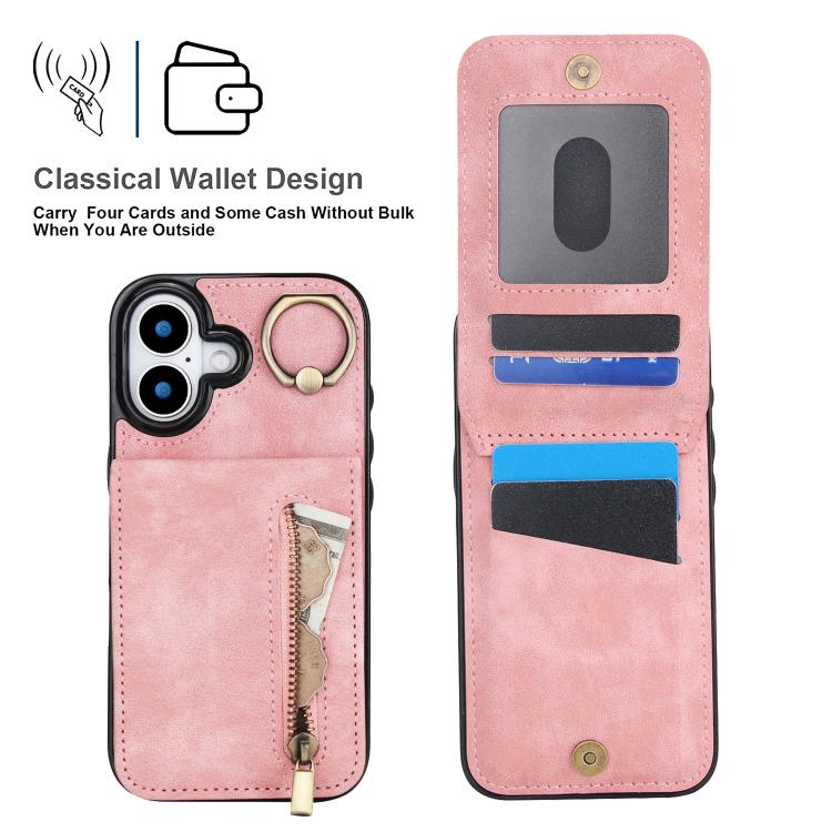 Custodia per telefono con slot per scheda RFID con anello retrò e cerniera, For iPhone 17, For iPhone Air, For iPhone 16 Pro Max