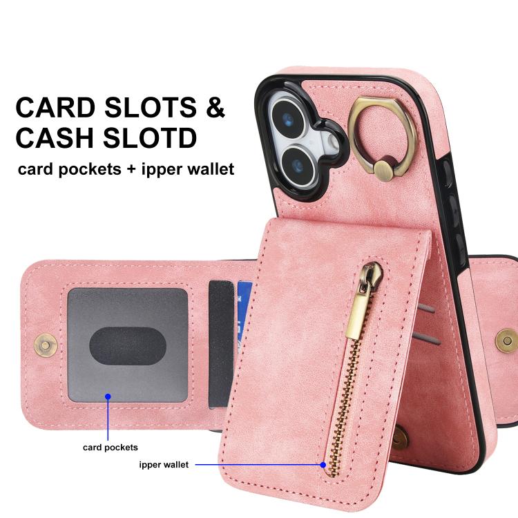 Custodia per telefono con slot per scheda RFID con anello retrò e cerniera, For iPhone 17, For iPhone Air, For iPhone 16 Pro Max