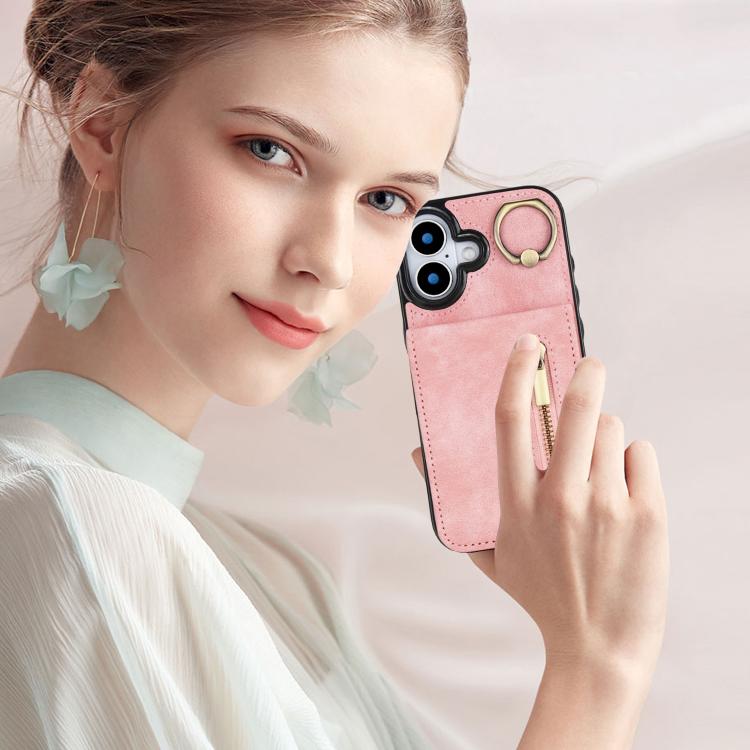 Custodia per telefono con slot per scheda RFID con anello retrò e cerniera, For iPhone 17, For iPhone Air, For iPhone 16 Pro Max