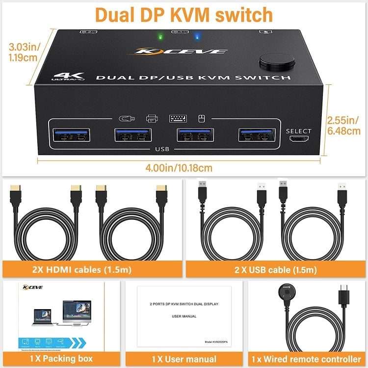 KC-KVM202DP Switch KVM a doppio monitor USB 3.0 DP 4K 60 Hz, KC-KVM202DP