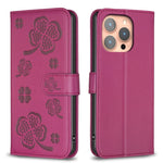 Custodia per telefono in pelle goffrata a quattro foglie, For iPhone 16 Pro Max, For iPhone 16 Pro, For iPhone 16 Plus, For iPhone 16