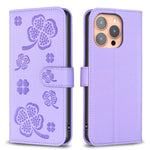 Custodia per telefono in pelle goffrata a quattro foglie, For iPhone 16 Pro Max, For iPhone 16 Pro, For iPhone 16 Plus, For iPhone 16