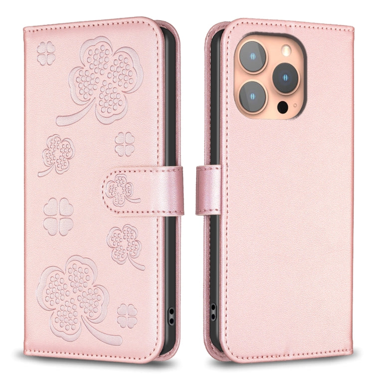Custodia per telefono in pelle goffrata a quattro foglie, For iPhone 16 Pro Max, For iPhone 16 Pro, For iPhone 16 Plus, For iPhone 16