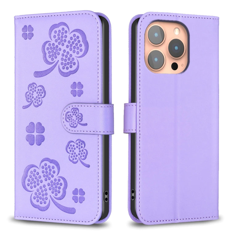 Custodia per telefono in pelle goffrata a quattro foglie, For iPhone 16 Pro Max, For iPhone 16 Pro, For iPhone 16 Plus, For iPhone 16