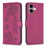 Custodia per telefono in pelle goffrata a quattro foglie, For iPhone 16 Pro Max, For iPhone 16 Pro, For iPhone 16 Plus, For iPhone 16