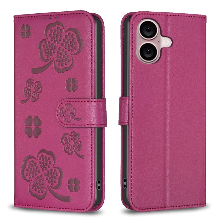 Custodia per telefono in pelle goffrata a quattro foglie, For iPhone 16 Pro Max, For iPhone 16 Pro, For iPhone 16 Plus, For iPhone 16