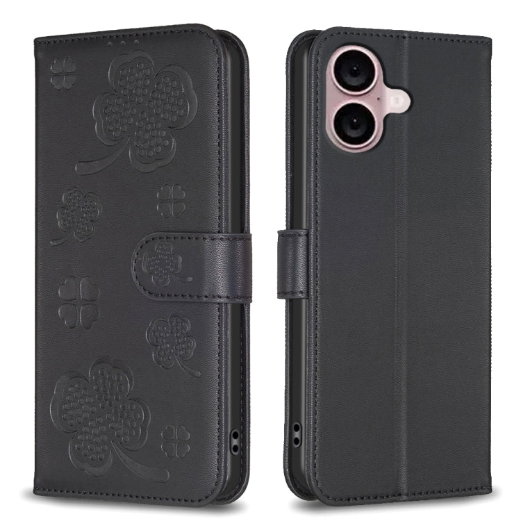 Custodia per telefono in pelle goffrata a quattro foglie, For iPhone 16 Pro Max, For iPhone 16 Pro, For iPhone 16 Plus, For iPhone 16
