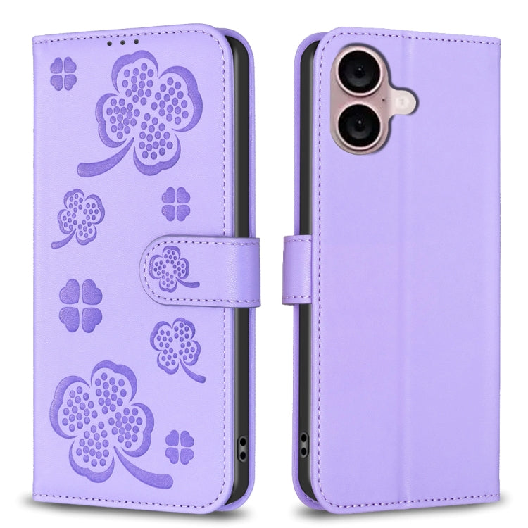 Custodia per telefono in pelle goffrata a quattro foglie, For iPhone 16 Pro Max, For iPhone 16 Pro, For iPhone 16 Plus, For iPhone 16